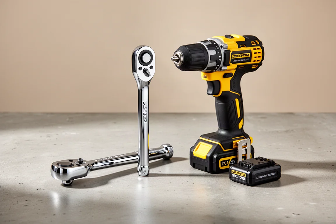 Chrome ratchet and compact cordless drill kit on a concrete surface