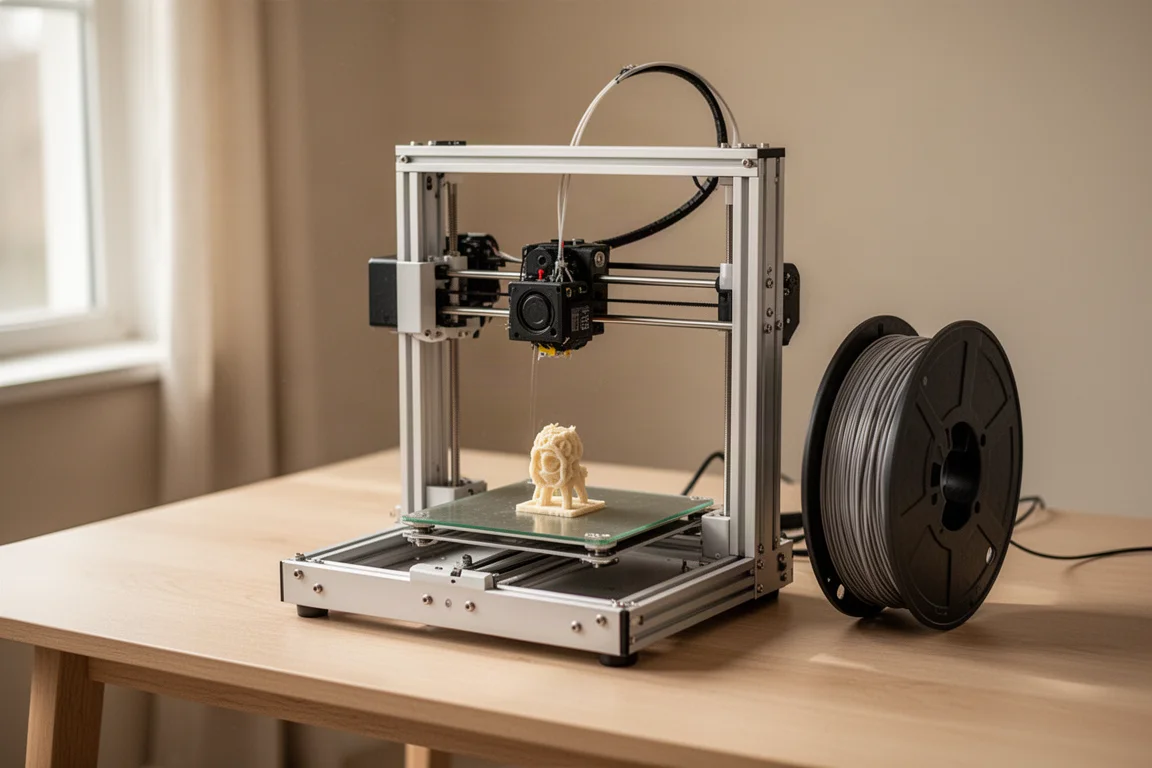 Impresora 3D de escritorio en plena impresión en un espacio de trabajo doméstico con luz suave