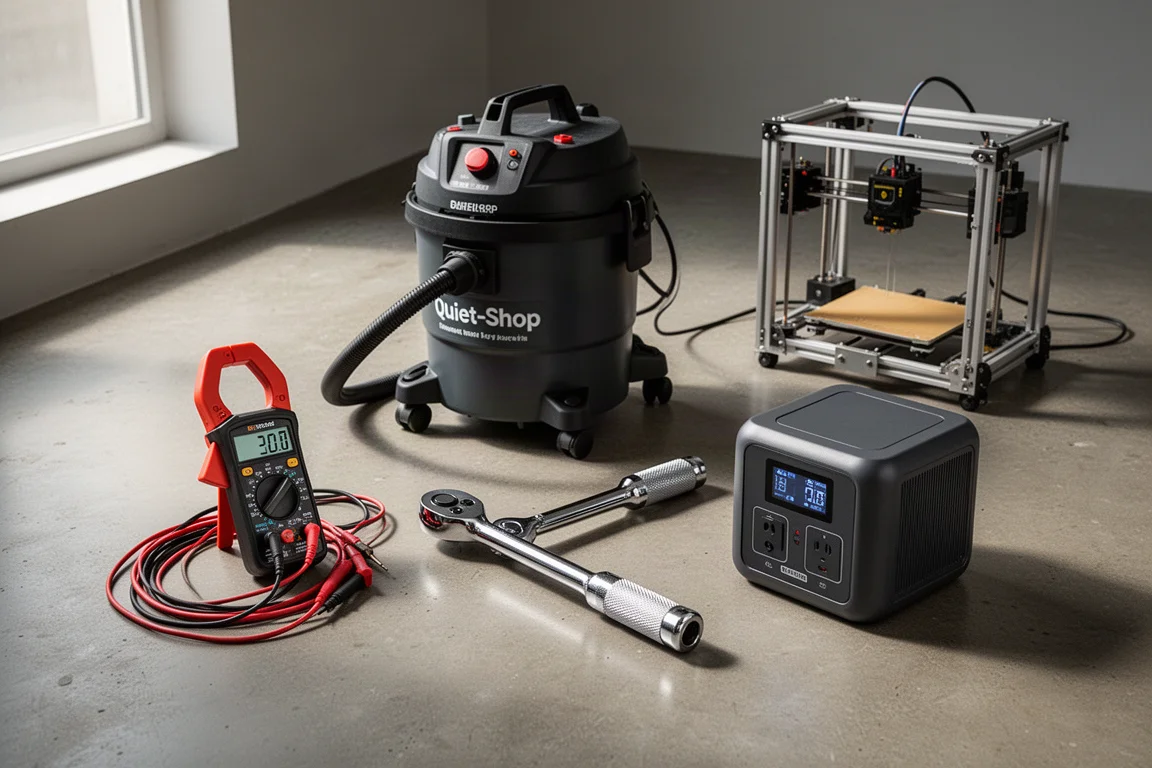 Clamp meter, shop vacuum, ratchet, power station, and 3D printer arranged on a concrete workshop floor