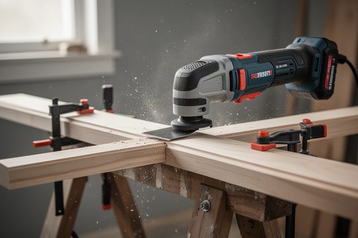 Cordless oscillating multi-tool cutting a piece of trim in a workshop