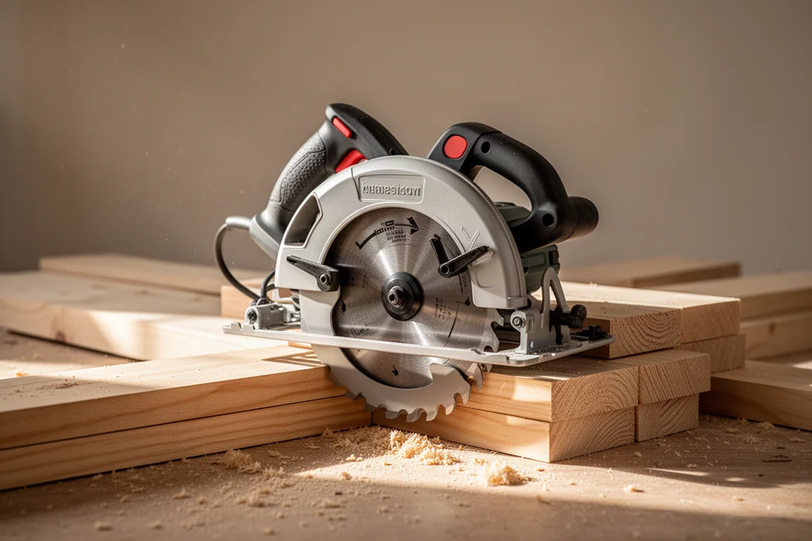 Rear-handle circular saw resting on stacked lumber in a carpentry workspace