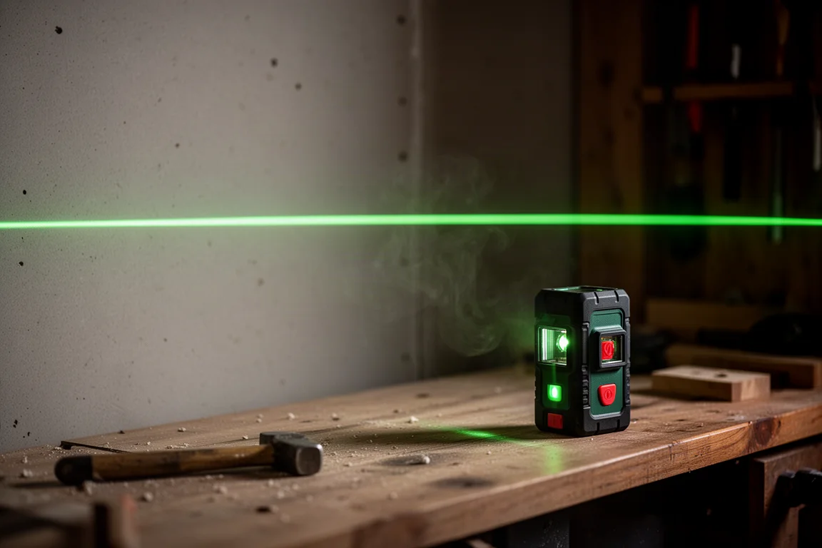 Laser level projecting a level line across a workshop wall