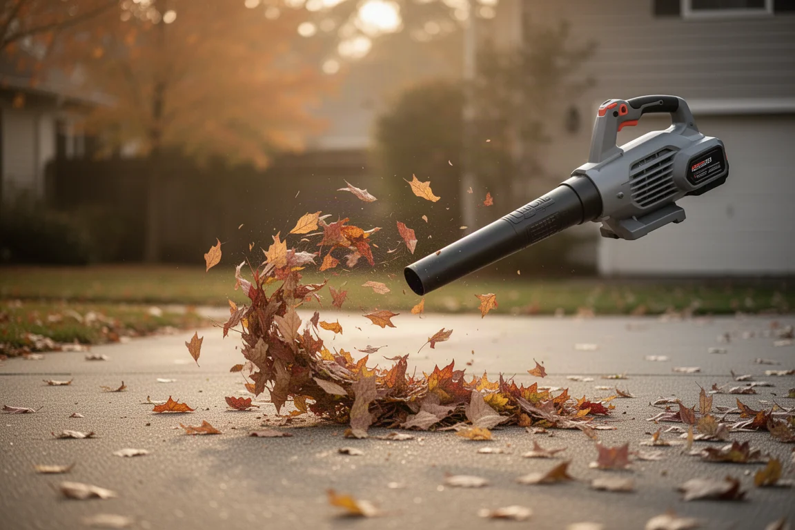 Cordless leaf blower clearing fallen autumn leaves from a driveway