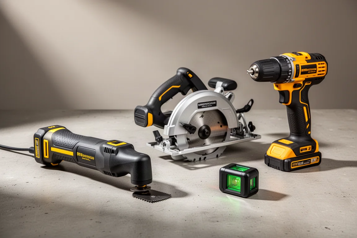 Workshop tools including an oscillating multi-tool, circular saw, laser level, and cordless drill on a concrete surface