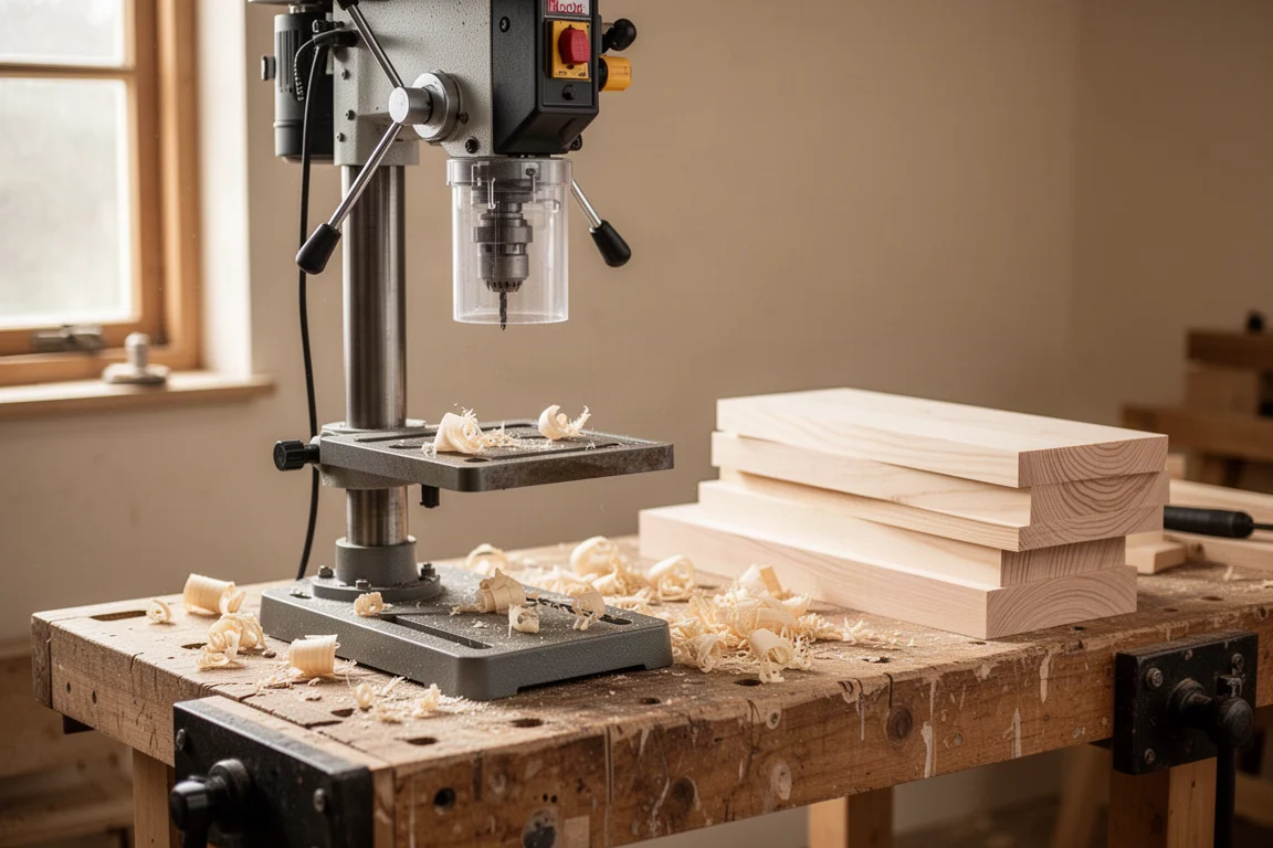 Herramientas de carpintería de sobremesa en un taller doméstico ordenado, con aserrín flotando