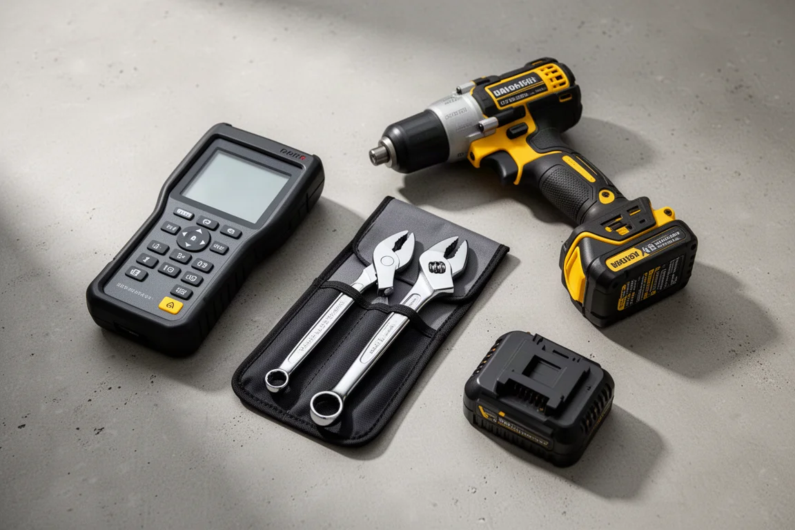 Flat-lay of workshop tools including a diagnostic scanner, plier wrenches, and a cordless driver on concrete
