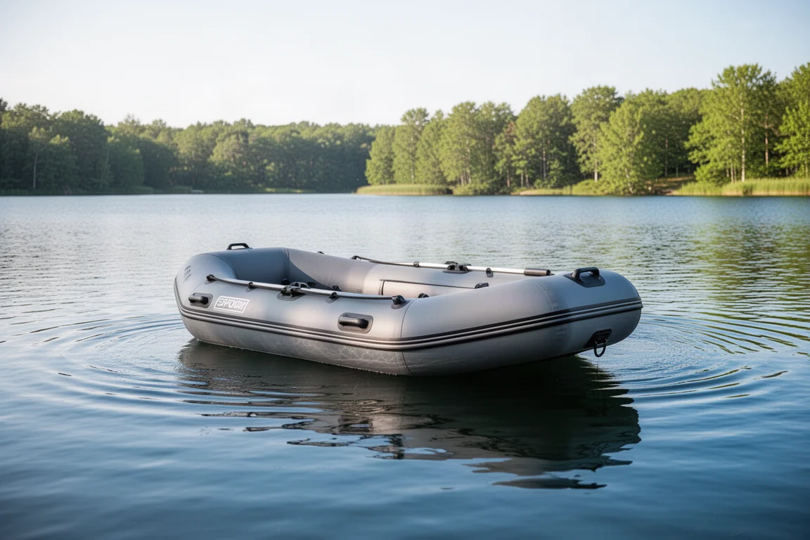 Bote inflable flotando en un lago tranquilo con luz brillante de verano
