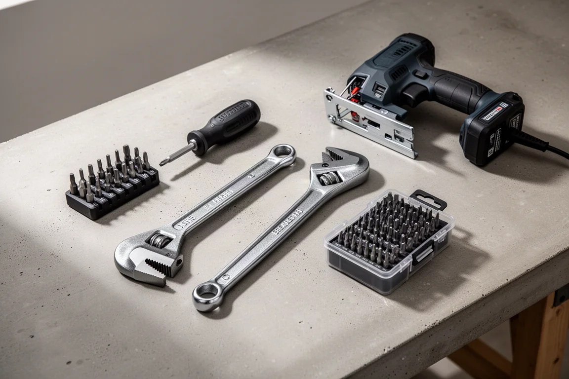 Assorted tools including a screwdriver, pipe wrench, breaker bar, jigsaw, and bit case on a concrete workbench