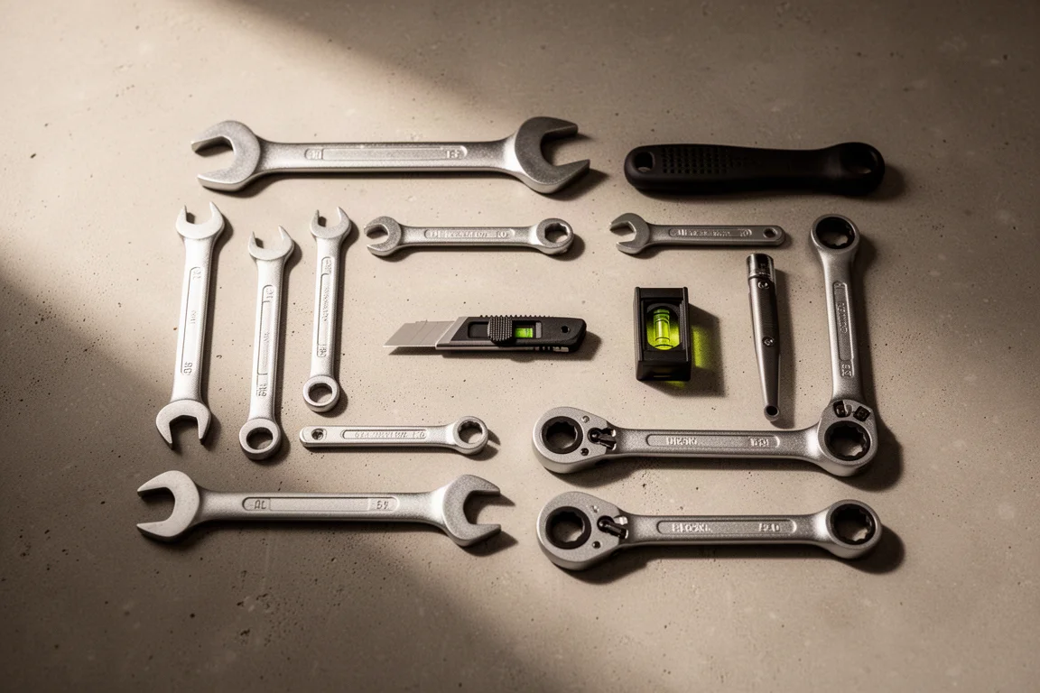 Établi d'atelier avec divers outils à main disposés sous une lumière douce de fenêtre