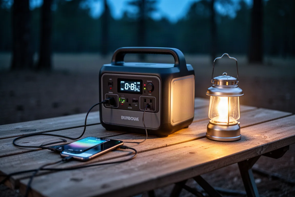 Station d'énergie compacte rechargeant un téléphone et une lanterne sur une table de camping
