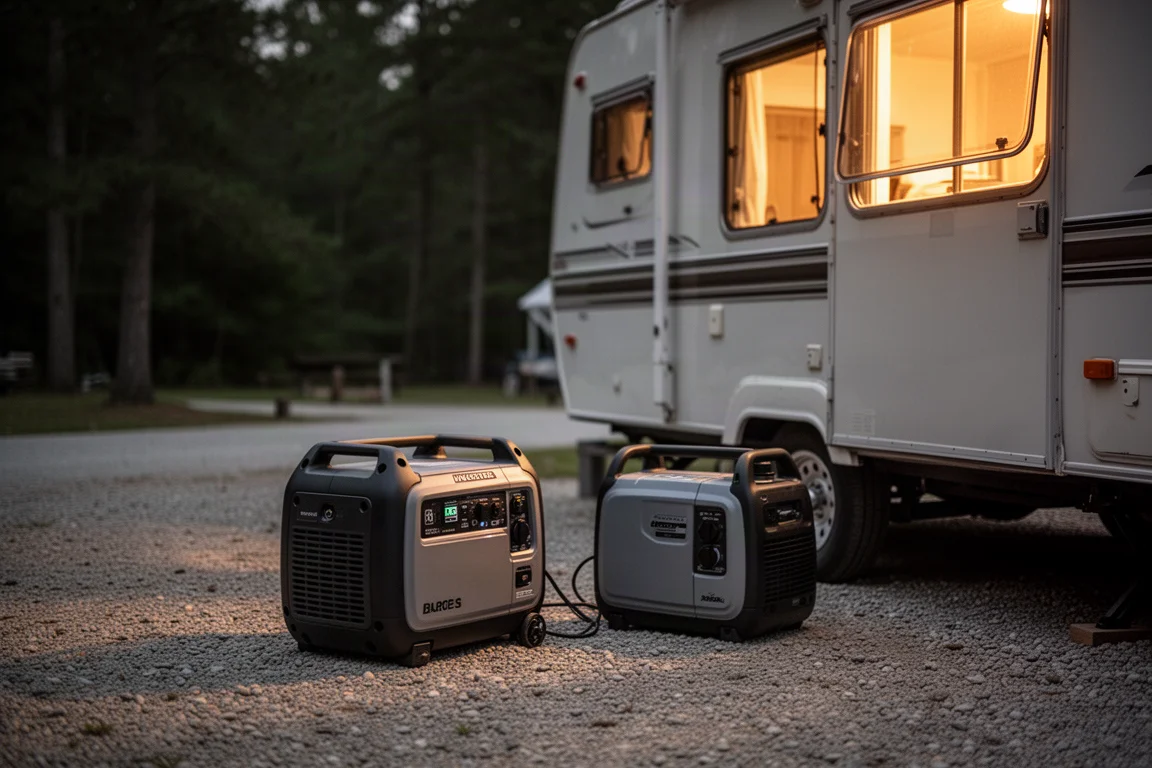 Génératrice onduleur silencieuse fonctionnant à l'extérieur d'une caravane en soirée