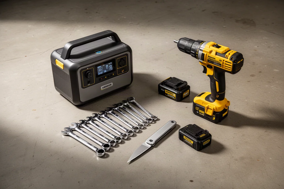 Flat-lay of a power station, wrenches, utility knife, and cordless drill on concrete