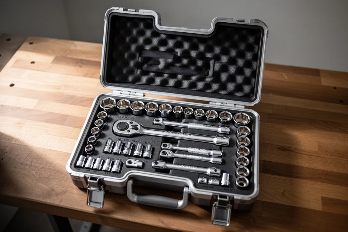 Offener Mechaniker-Werkzeugkoffer mit Steckschlüsseln und Ratschen in Schaumstoffeinsätzen