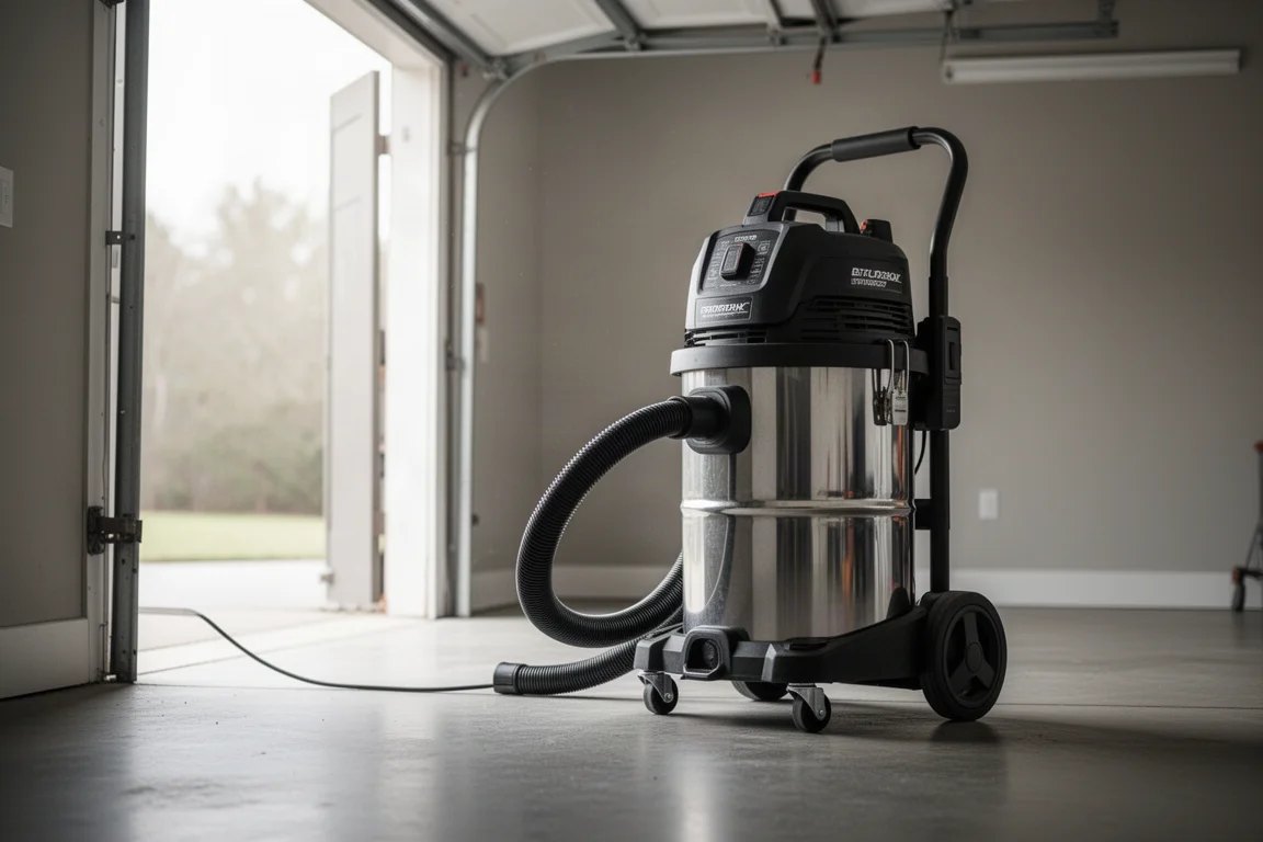 Aspirateur d'atelier sur roulettes sur le sol d'un garage en lumière douce