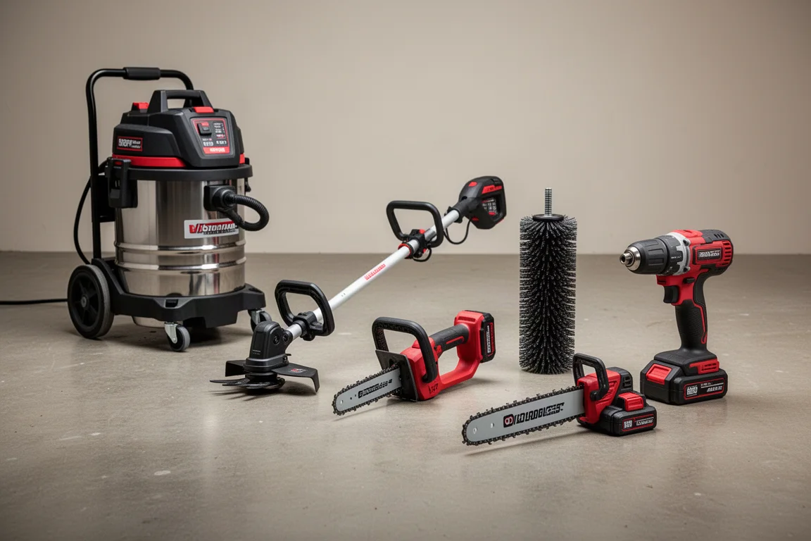 Five cordless power tools including a shop vacuum, trimmer, hatchet, brush attachment, and drill kit on concrete