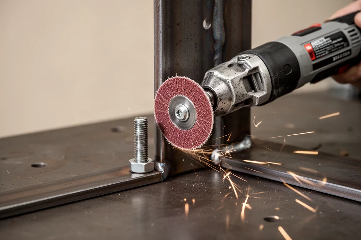 Ferramenta de corte aparando um parafuso em um canto apertado de fabricação de metal