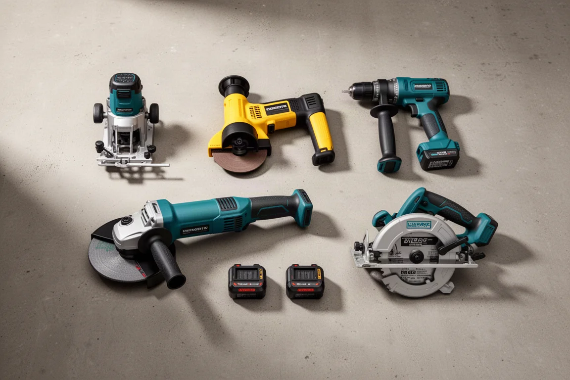 Flat-lay of assorted cordless power tools on a concrete workshop floor