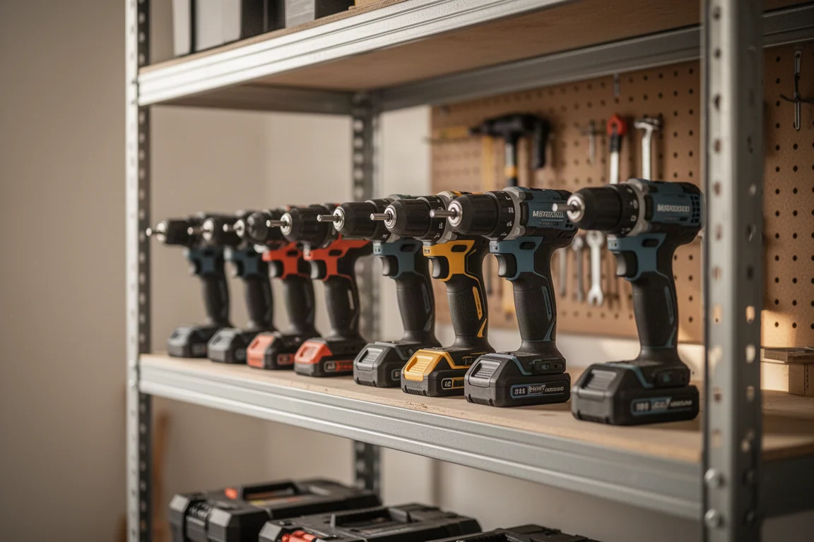 Werkstatt in der Garagentiefe eines Handwerkers mit Akkugeräten auf Regalböden