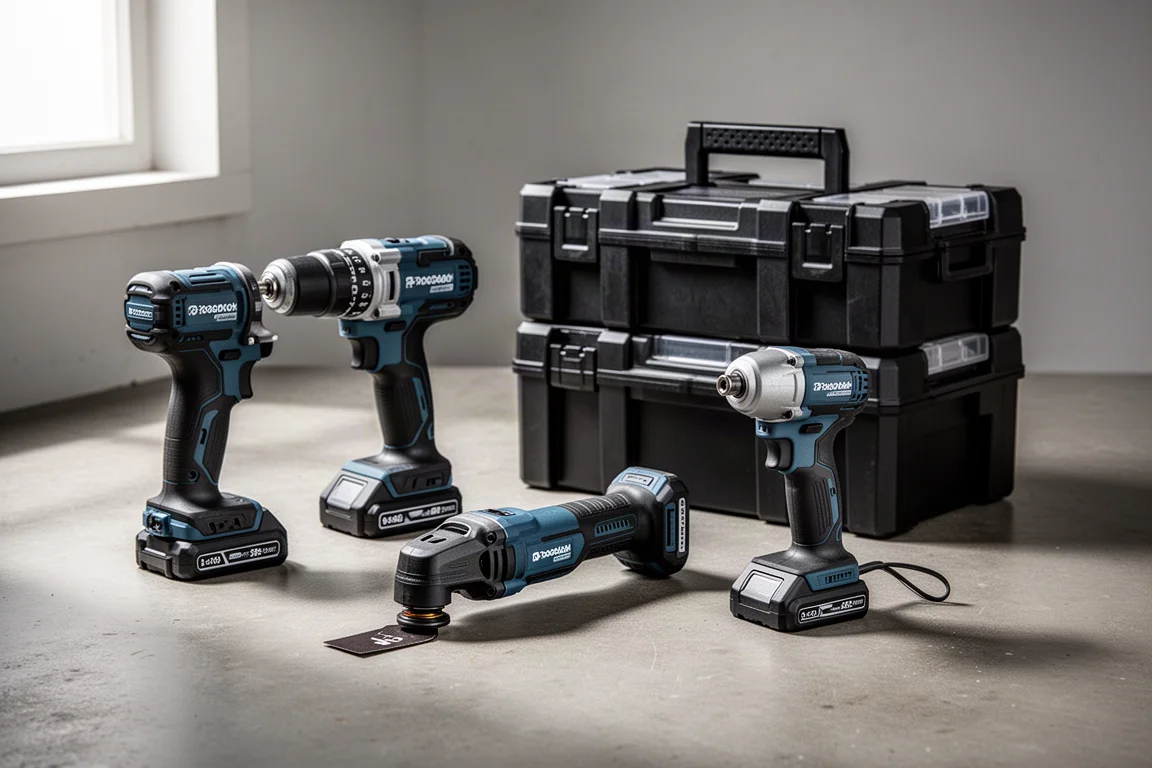Cordless power tools and a tool storage box arranged on a concrete floor