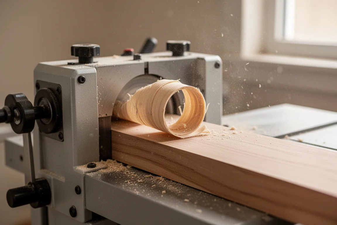 Spiralhyvel som producerar en jämn wood shavings-kull på en bräda