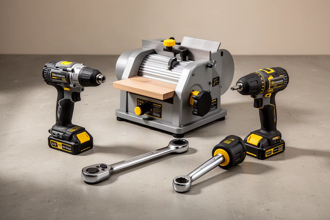Assorted workshop tools including an impact driver, planer, and ratchet on a concrete surface