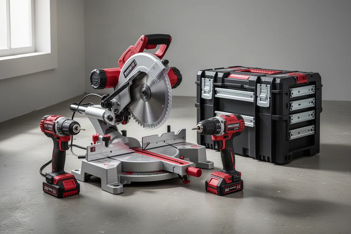 Collection of cordless power tools including a miter saw, drill, and stackable tool box on concrete