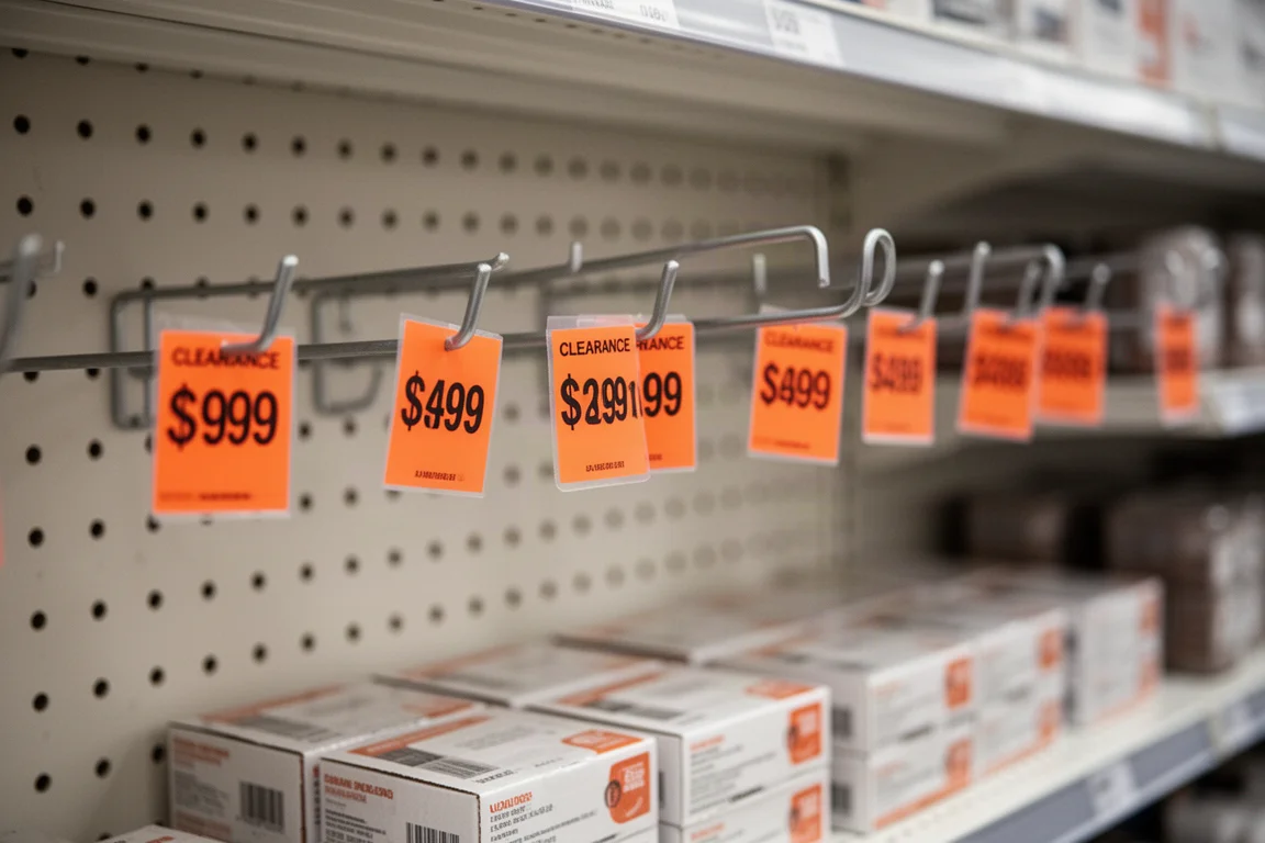 Etichette di liquidazione sugli scaffali del negozio che indicano articoli scontati