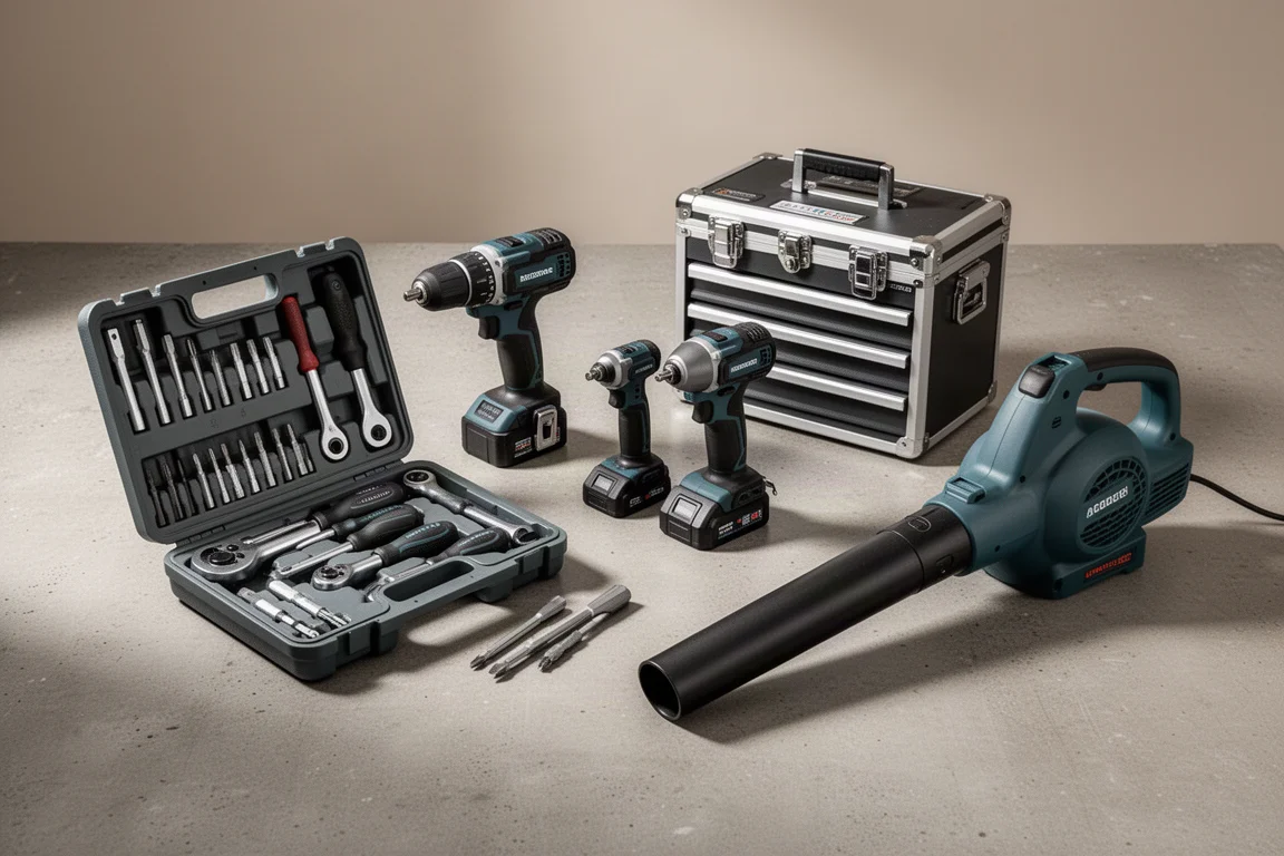 Assorted power tools and hand tools arranged on a concrete workshop surface