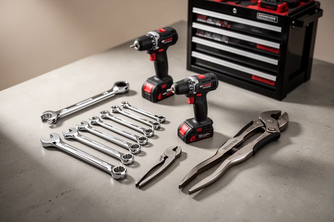 A ratcheting wrench set, compact drill, pliers, and tool cart arranged on concrete