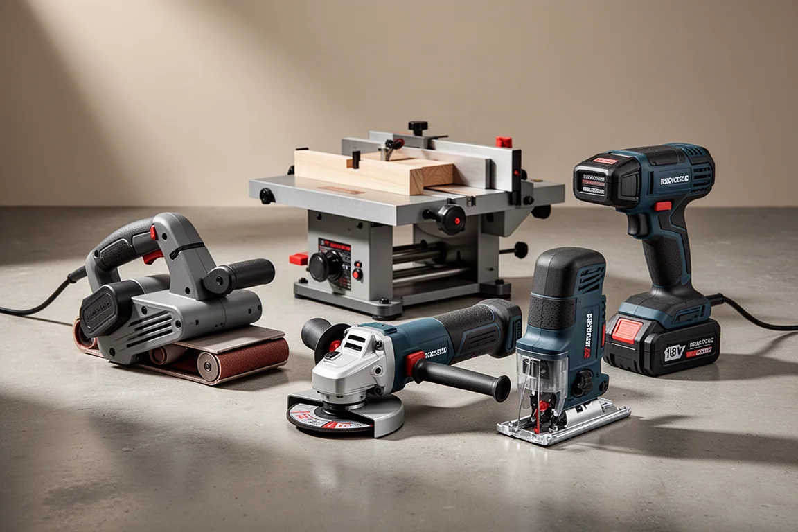 Assorted power tools including a belt sander, planer, grinder and jigsaw on concrete