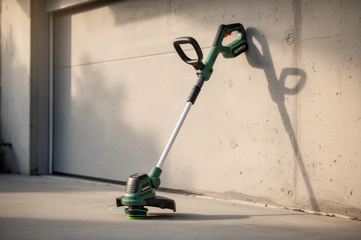 Akku-Rasentrimmer lehnt im Morgenlicht an einer Garagenwand