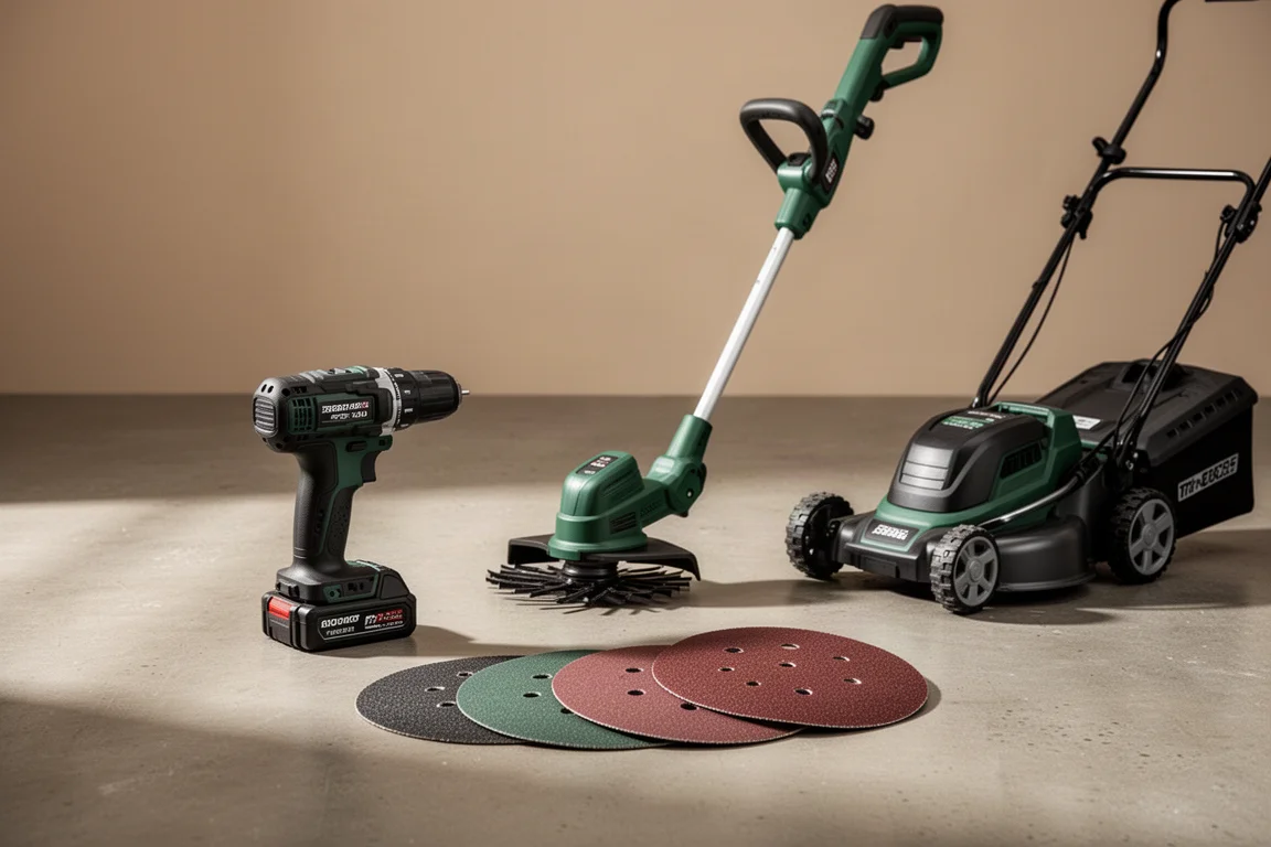 Assortment of power tools including a drill, trimmer, mower and sanding discs on concrete floor
