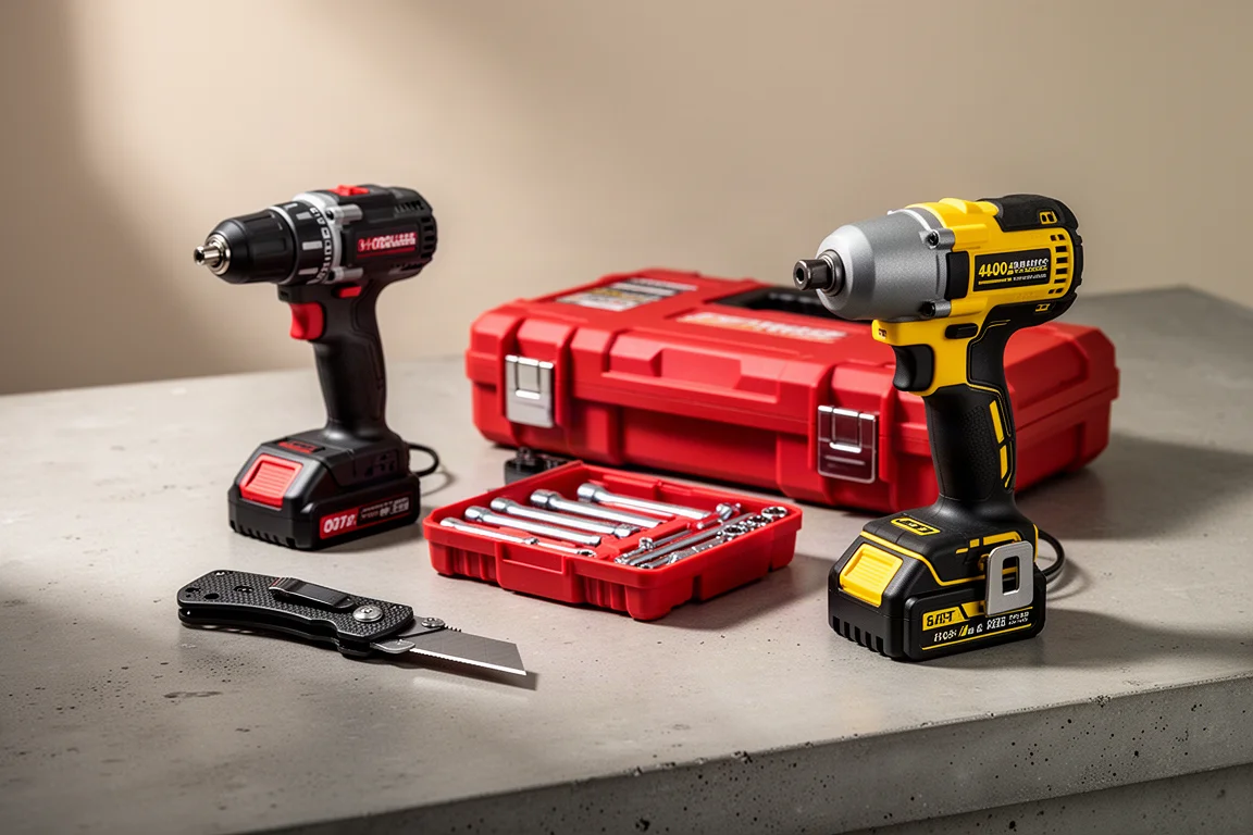 Four tools arranged on a concrete surface: folding knife, drill kit, mechanic tool set case, and impact wrench