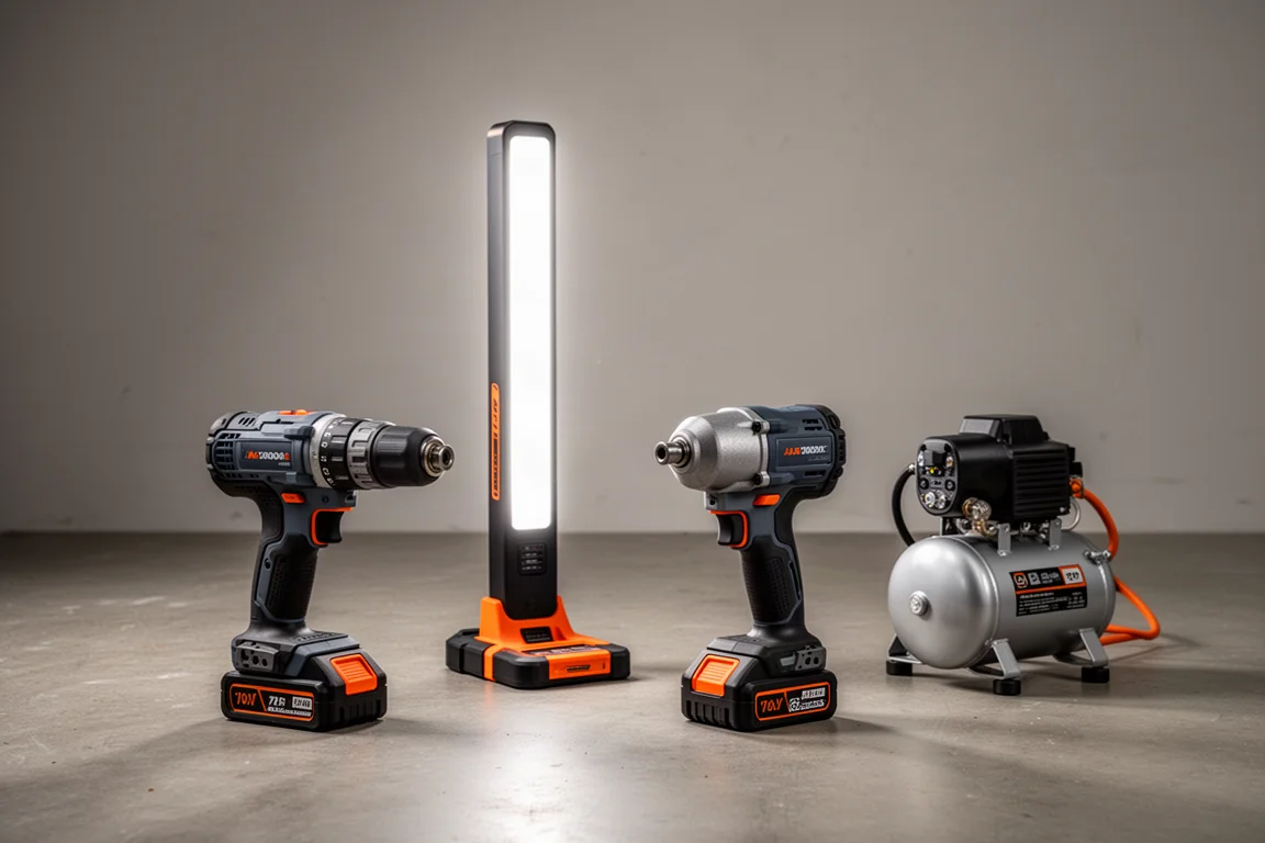 Workshop tools including an air compressor, socket set, impact wrench and jigsaw on concrete