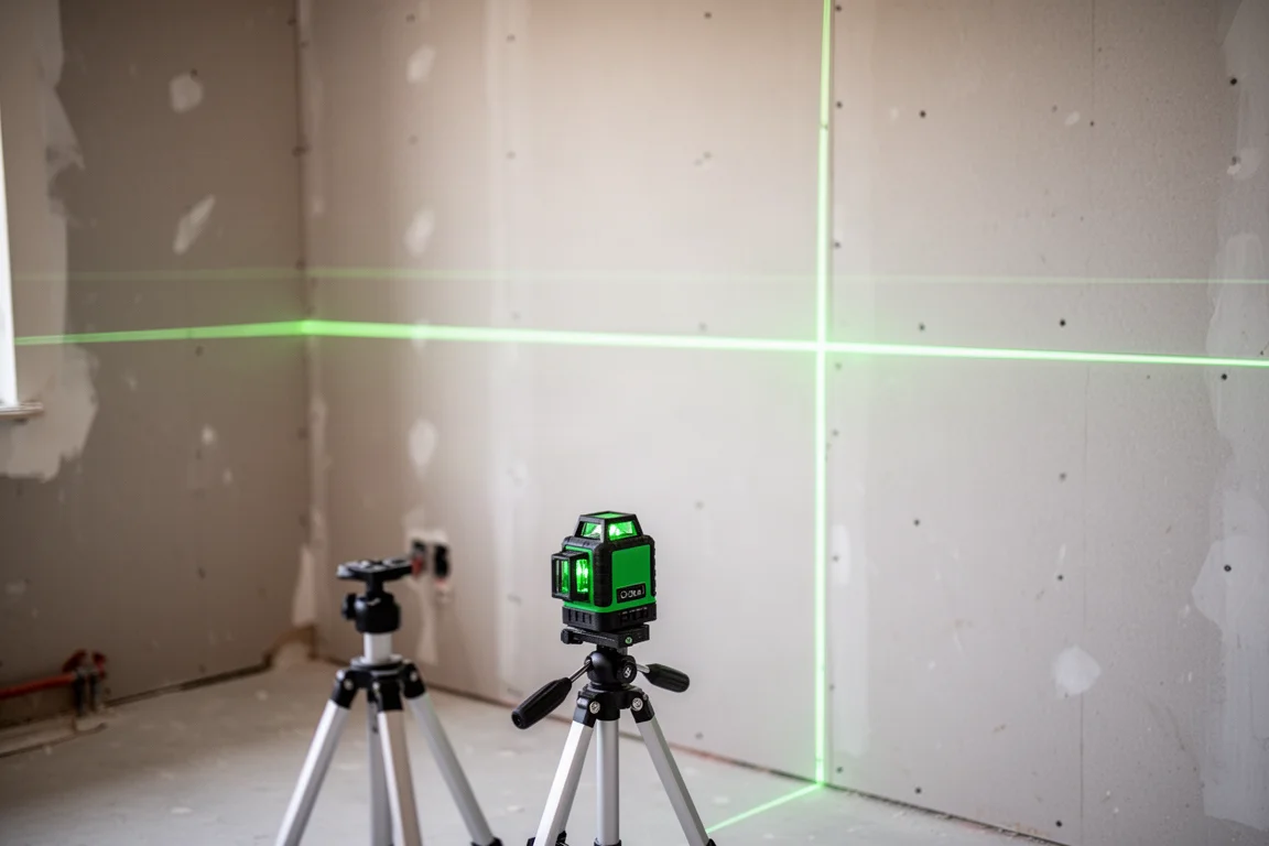 Niveau laser vert projetant des lignes de niveau sur un mur dans une pièce en rénovation