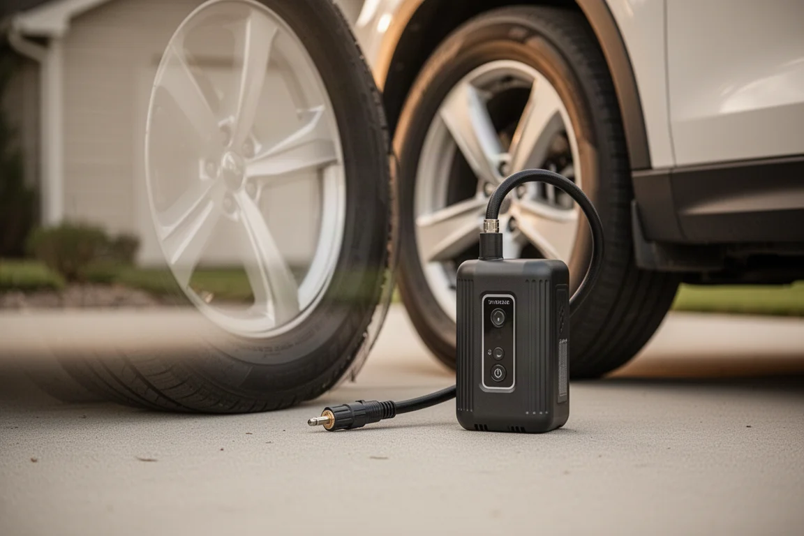Gonfleur portable raccordé à un pneu de voiture sur une allée