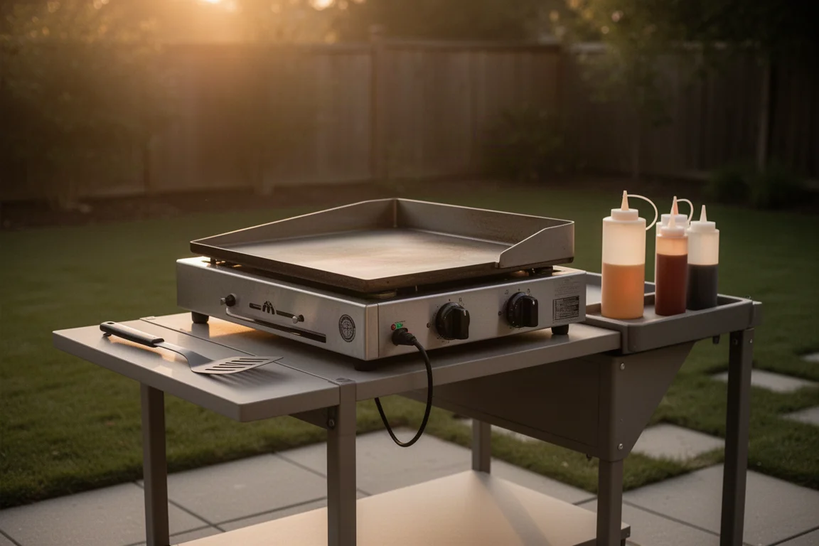 Station de plancha extérieure installée sur une terrasse avec ustensiles de cuisson