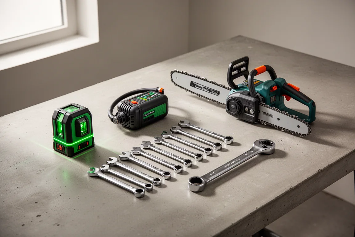 Flat-lay of laser level, tire inflator, wrenches, and cordless chainsaw on concrete