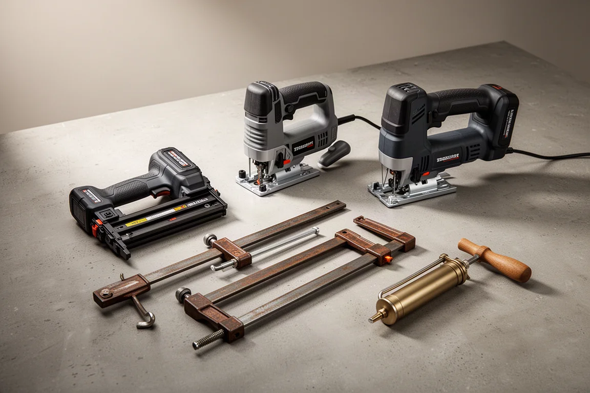 Assorted workshop tools including a nailer, router, jigsaw, clamps, and pump on concrete