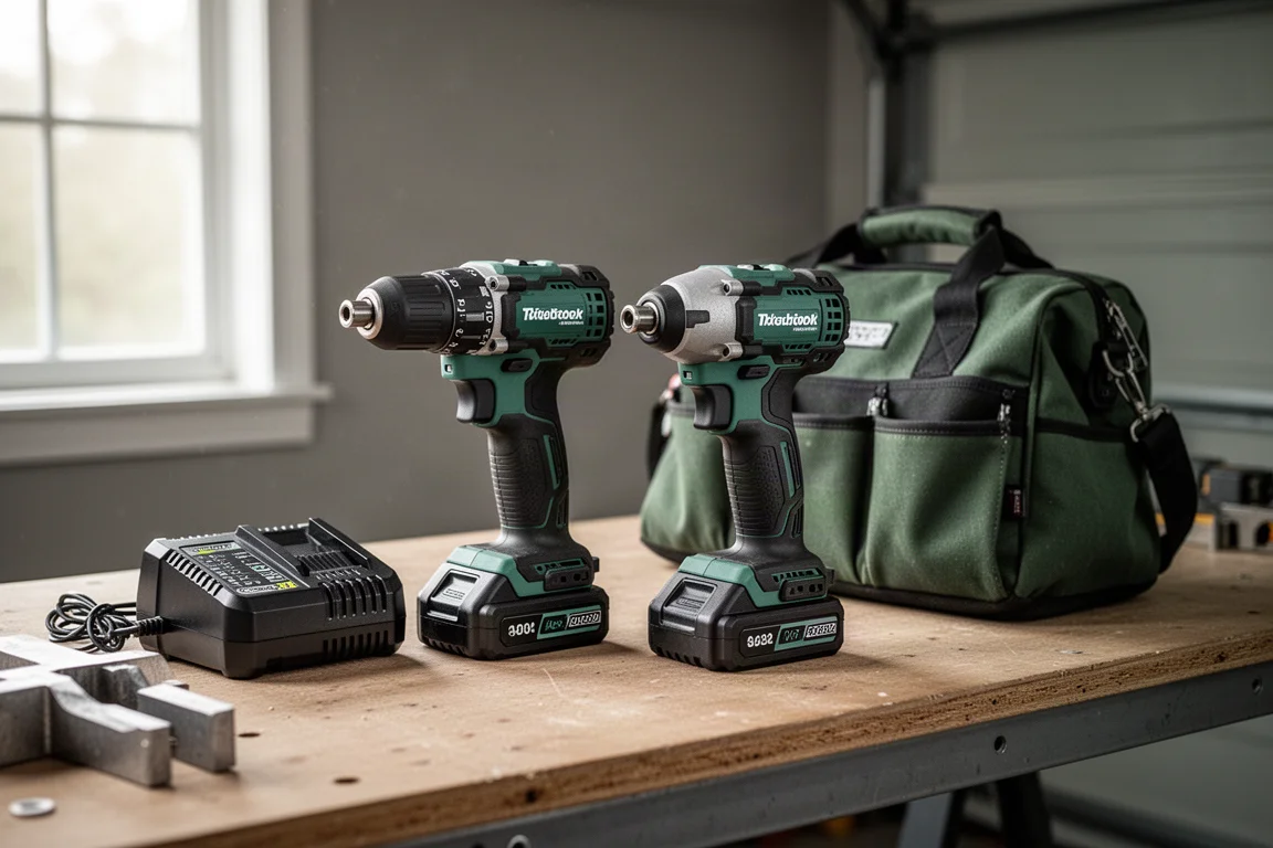 Cordless drill and impact driver kit with two batteries, charger, and tool bag on a garage workbench