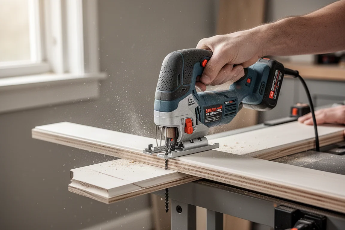Woodworker using a compact oscillating multi-tool to cut trim in a workshop