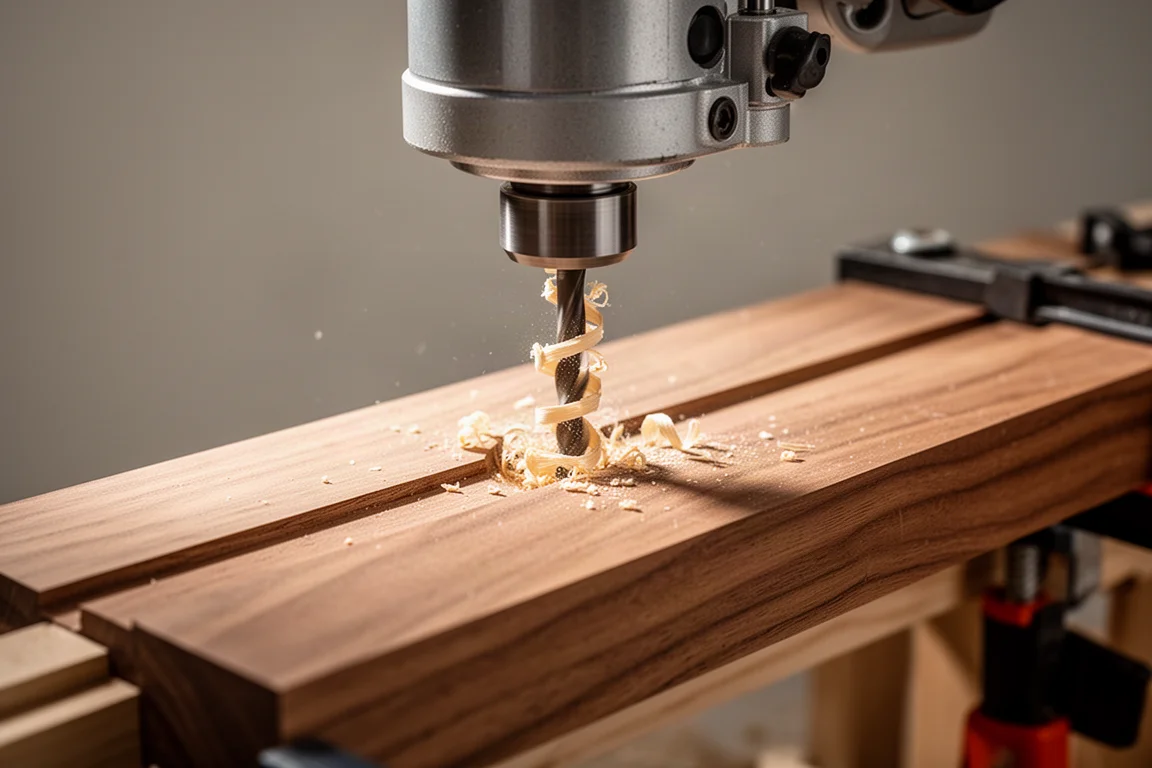 Plunge router cutting a clean groove into a piece of hardwood on a workbench