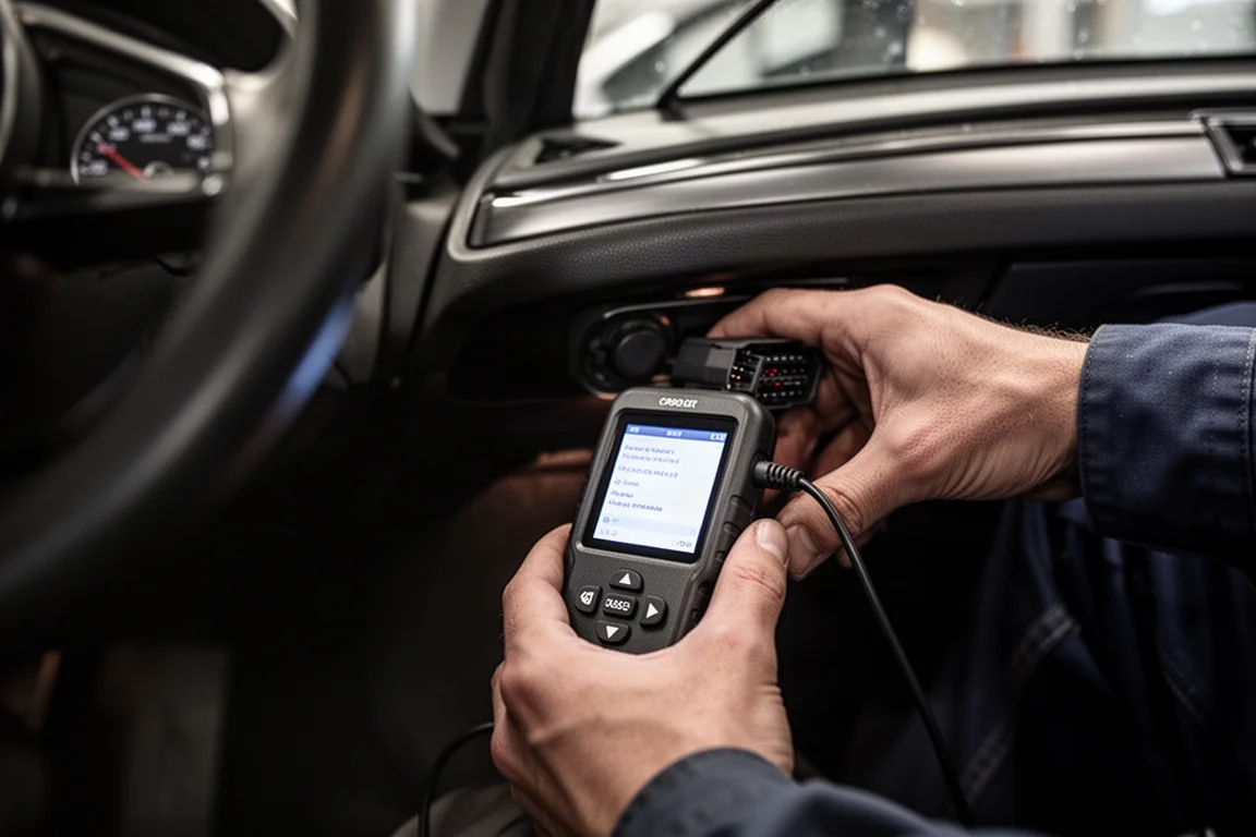 Mechanic plugging an OBD2 diagnostic scanner into a vehicle port under the dashboard