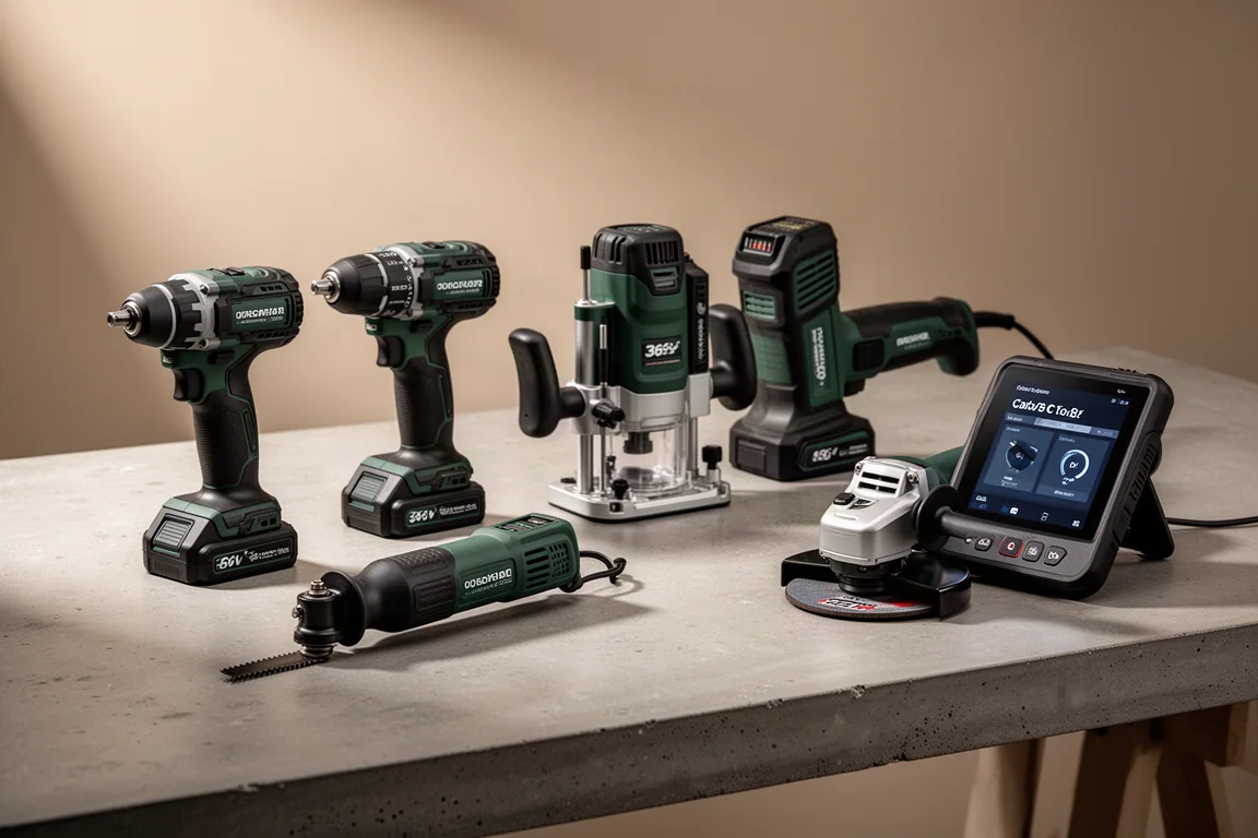 Metabo HPT power tools and an xTool diagnostic scanner arranged on a workbench