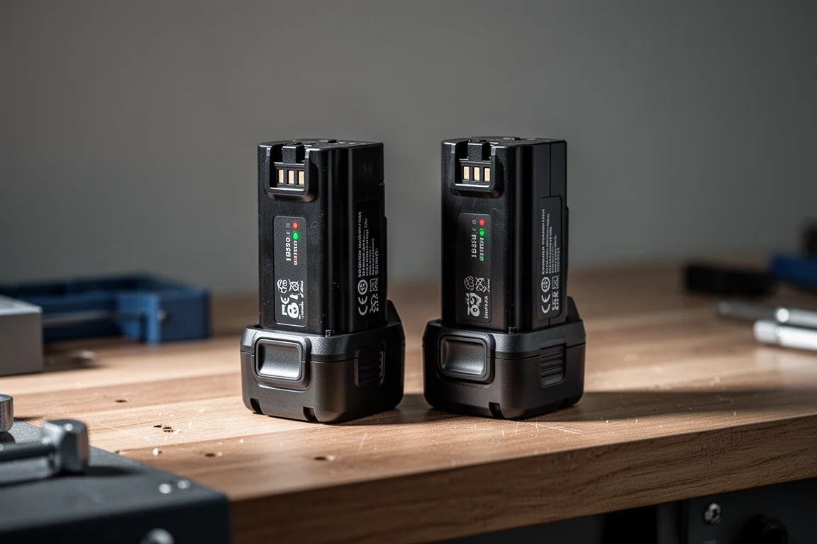 Två 18V-batterier stående sida vid sida på en träbänk