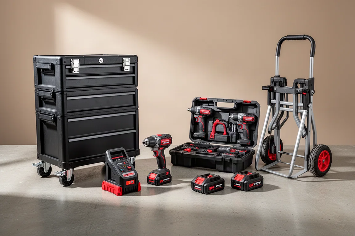 Lineup of tool storage system, jump starter, combo kit, batteries, and folding cart on concrete