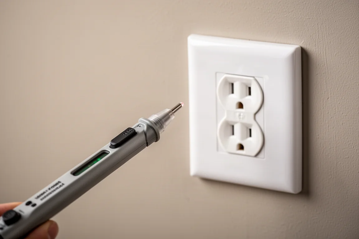 Tester napięcia bezstykowego w formie długopisu trzymany przy gniazdku elektrycznym
