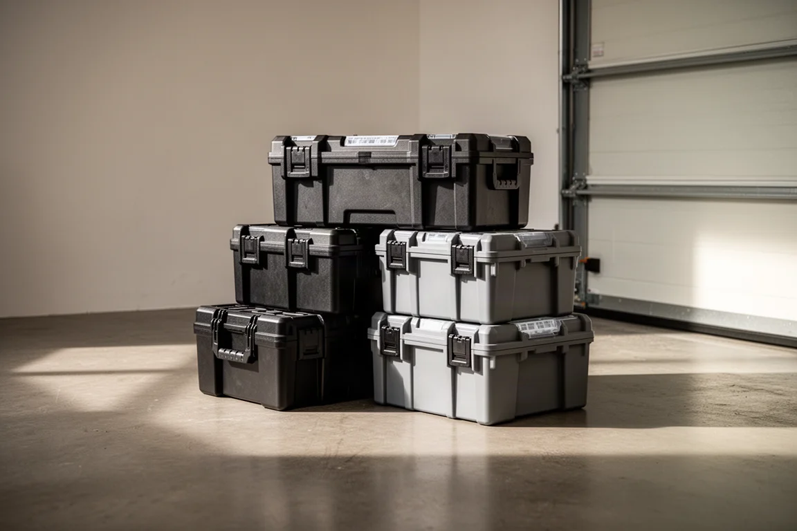 Cajas de herramientas modulares apiladas en el piso de un taller con luz natural suave
