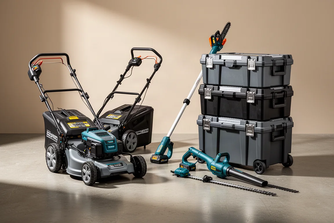 Cordless mower, blower, pole saw, and stacked tool boxes on a concrete floor