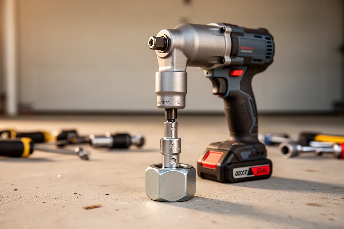 Chiave impatto a batteria che allenta un grande dado su un pavimento di garage